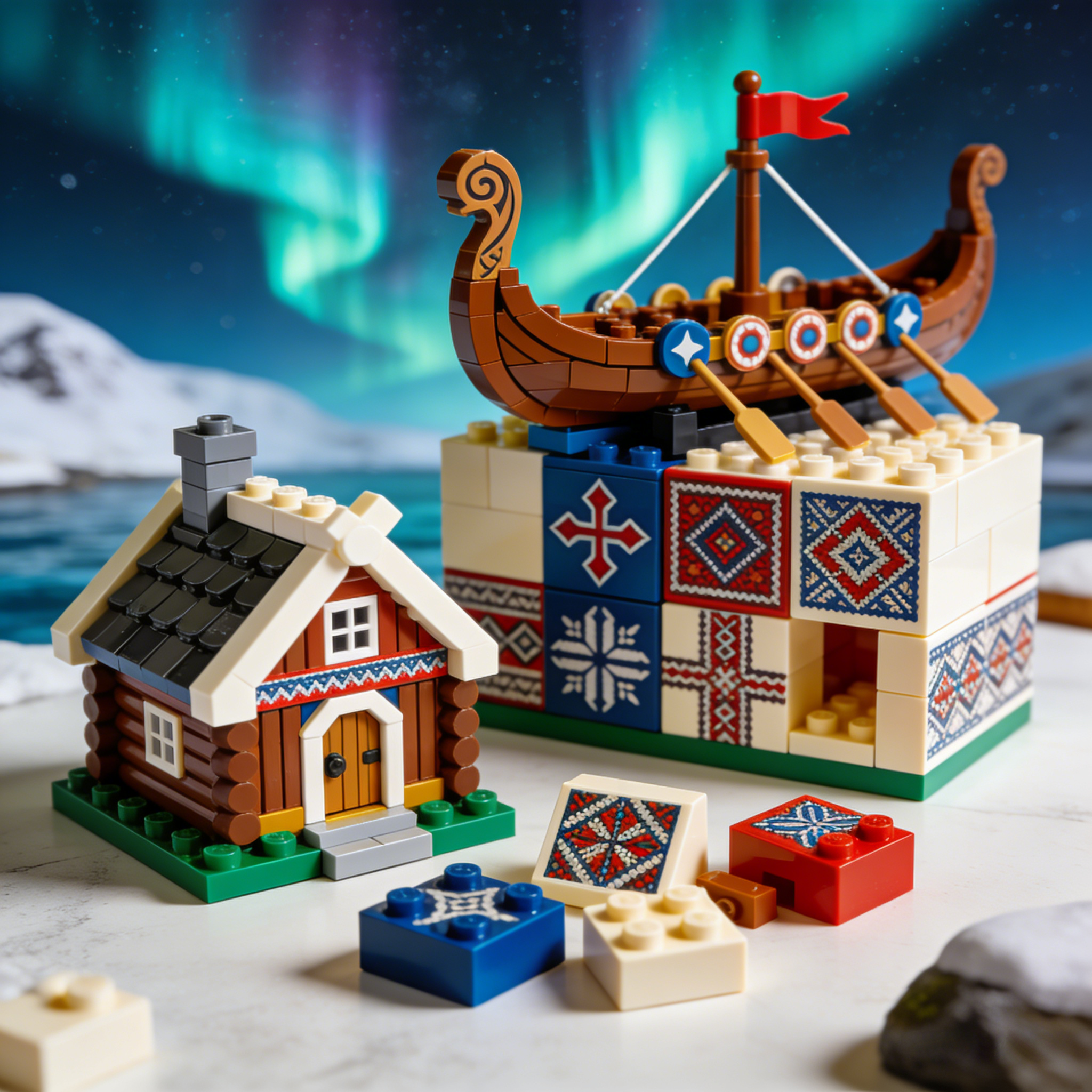 Nordic Landscape and Viking Ship House Building Block Set